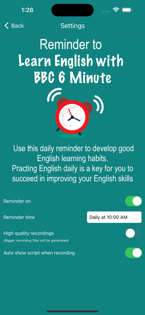 6 Minute English (+Worksheets) - English learning app settings screen showing daily study reminder options and alarm clock icon
