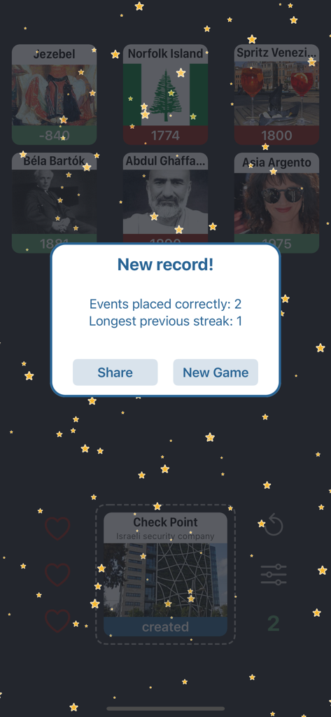 A new record pop up screen in the Wikitrivia history quiz mobile game showing a streak of correct events