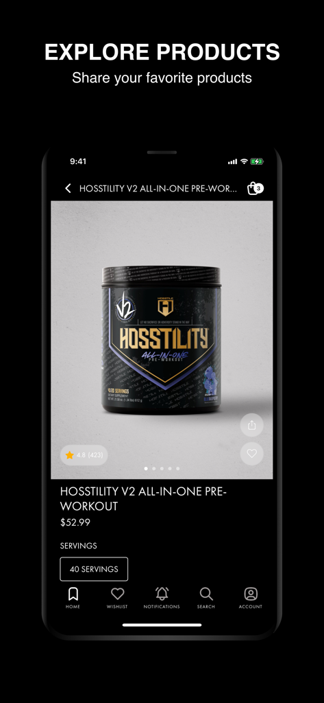 A product screen from the HOSSTILE app featuring Hosstility V2 all-in-one pre-workout supplement