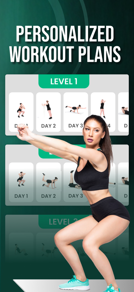 Una donna esegue uno squat davanti a una schermata di app mobile che mostra diversi livelli di fitness e piani di allenamento giornalieri