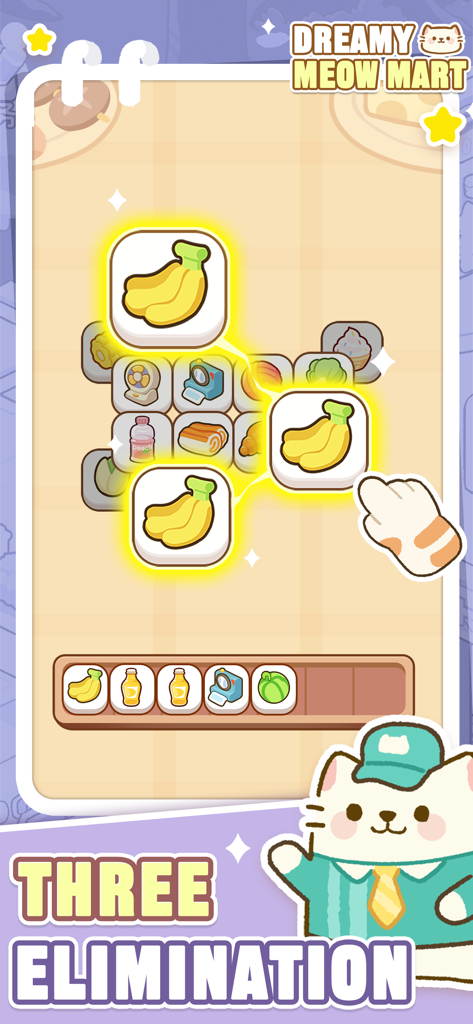 Dreamy Meow Mart three elimination match three puzzle gameplay with a cute cat manager