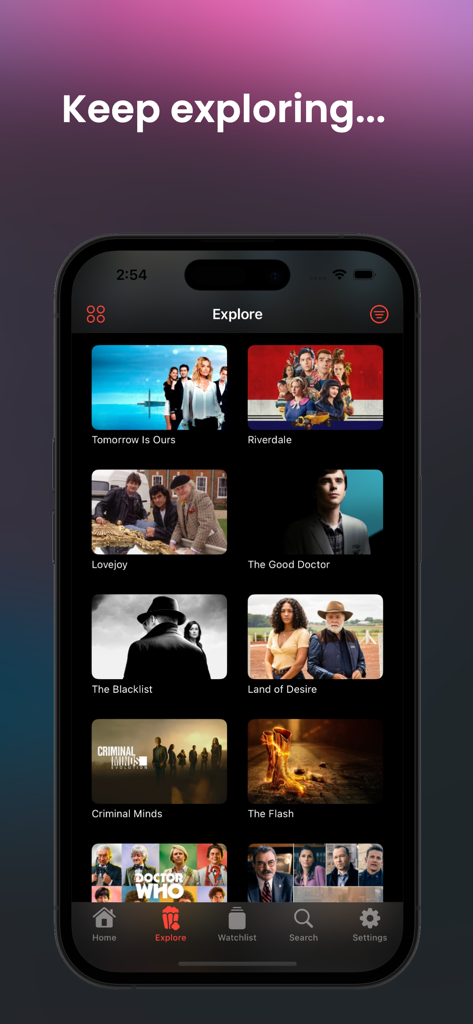 スマートフォンの画面。ストリーミング中のアプリのエクスプローラーセクションが表示され、さまざまなテレビ番組のポスターが表示されています。