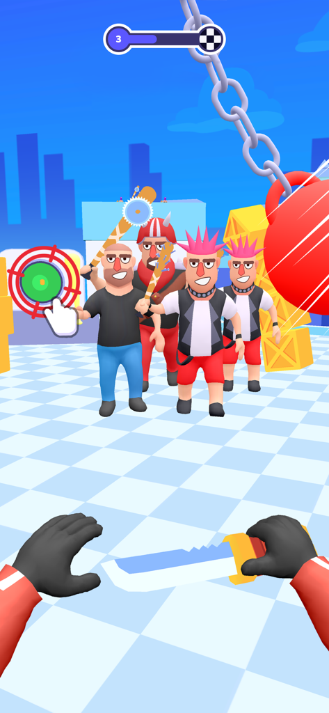 Vista en primera persona de un personaje asesino sosteniendo un cuchillo y enfrentando a una multitud de enemigos de dibujos animados en Hit Master 3D