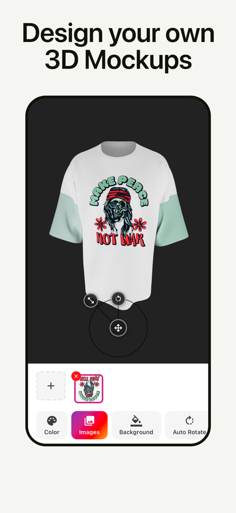 3D Clothing Mockup: MockLab 3D - A mobile app interface displaying a 3D t-shirt mockup with a graphic being customized.