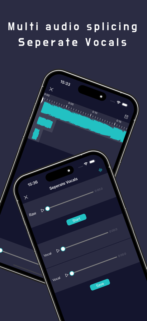 Audio Editor-Music/Sound mixer - Audio Editorアプリのインターフェース。ボーカル分離とオーディオ波形のスプライシングが表示されています。