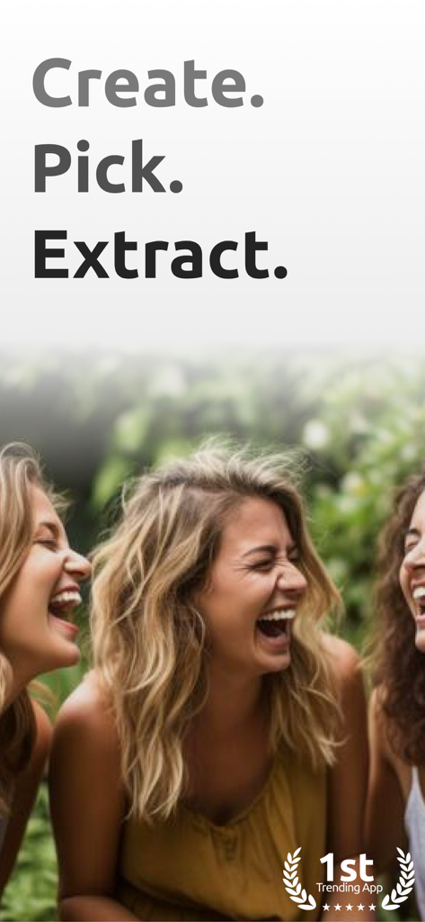 Marketing screenshot of the Color Wheel app showing the text Create Pick Extract over three laughing women in a natural setting