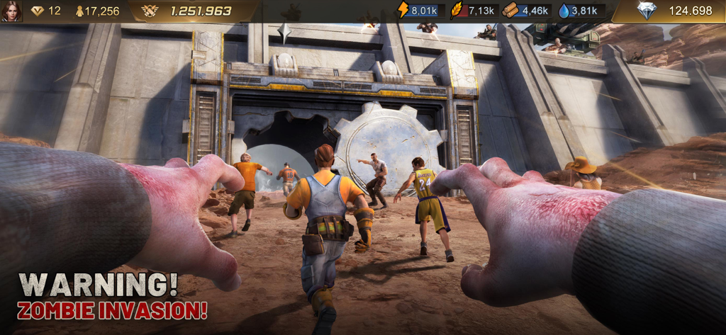 First person perspective of a zombie invasion with survivors running toward a massive vault door in Last Shelter Survival.