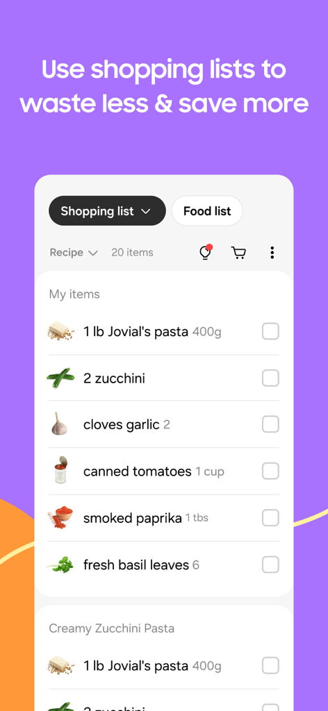 Samsung Food app digital shopping list showing recipe ingredients to help users reduce food waste and save money