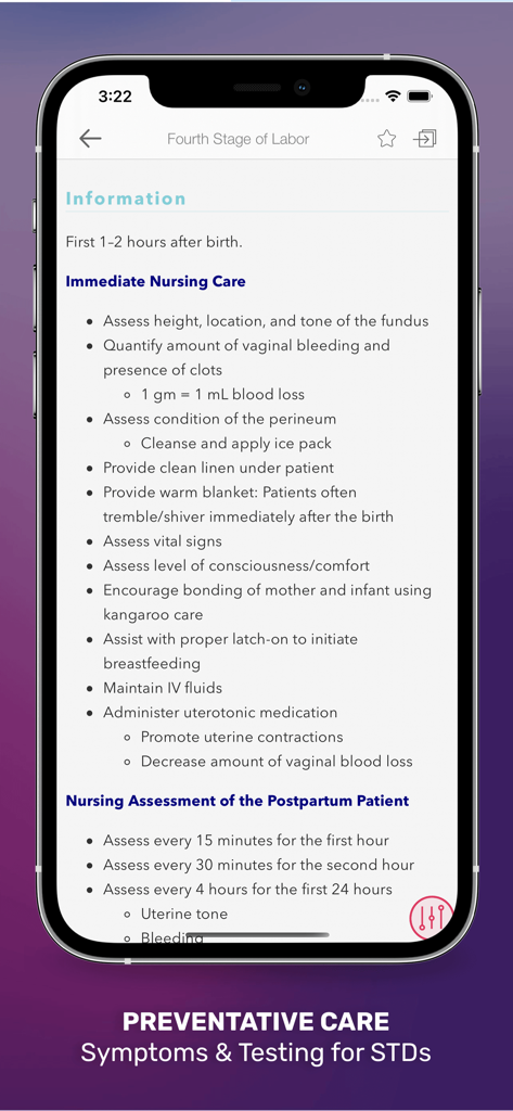 OB/GYN Peds Notes - La aplicación OB GYN Peds Notes mostrando el cuidado de enfermería inmediato y las guías de evaluación posparto para la cuarta etapa del parto.