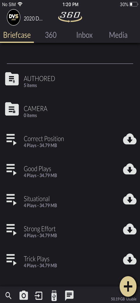 DVSport 360 - Briefcase screen of DVSport 360 app displaying categorized folders of sports video plays for coaches and officials