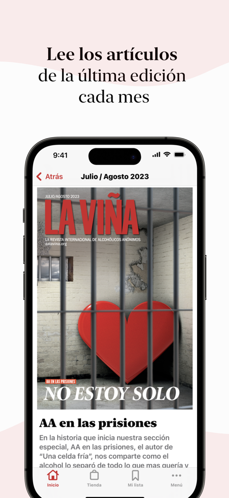 AA La Viña - Smartphone-Bildschirm, der das Cover der digitalen Zeitschrift AA La Vina mit einem roten Herzen hinter Gefängnisgittern und der Überschrift AA in Gefängnissen zeigt.