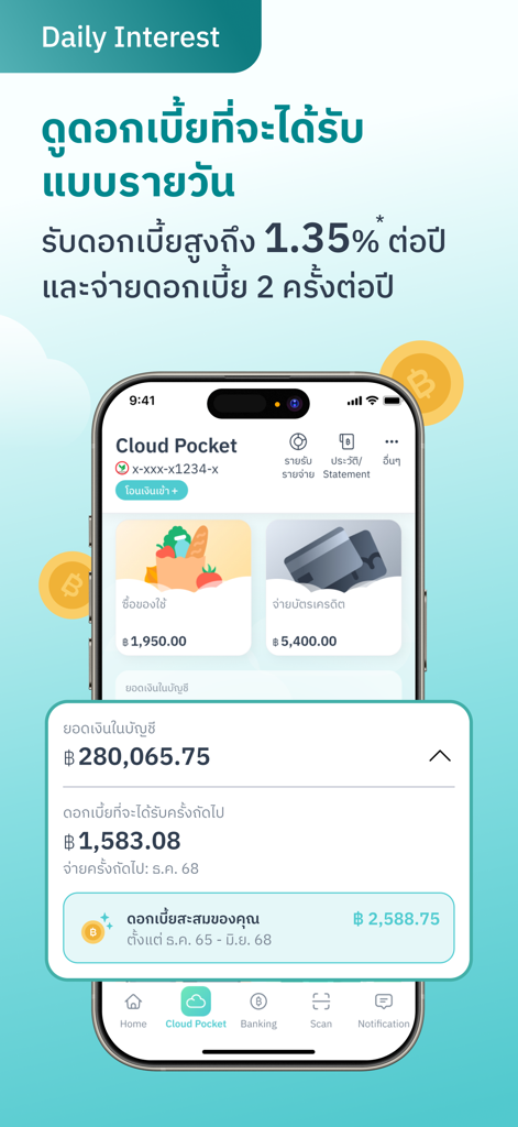MAKE by KBank แอปจัดการเงิน - Mobile app screen showing daily interest earnings and savings cloud pockets
