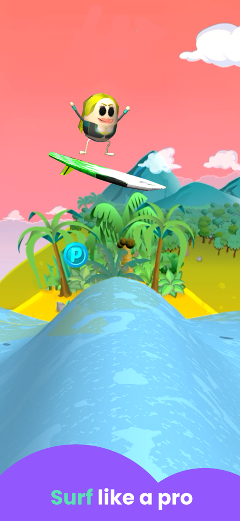 A character jumping on a surfboard over a large wave in a tropical setting.