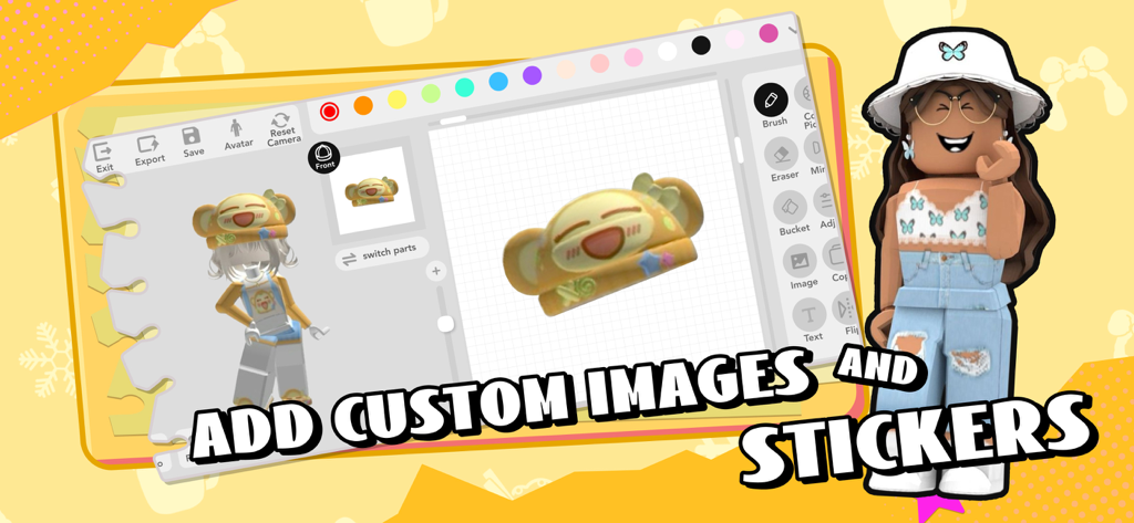 Skinzy: Skin Maker for Roblox - Skinzy app interface showing custom stickers and images being added to a Roblox hat design.