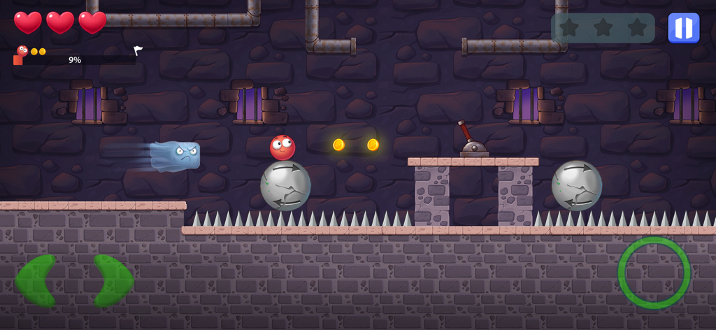 Red Ball: Secret Adventure - Personagem Red Ball navegando em um nível de plataforma com espinhos e moedas.