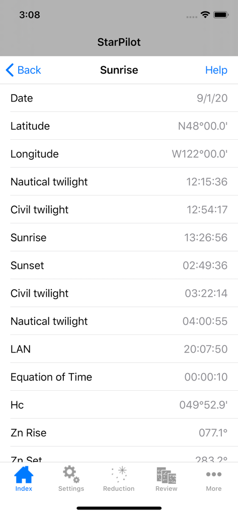 StarPilot - StarPilotアプリのインターフェース、天体航法のための日の出、日の入り、薄明かりの時間を表示