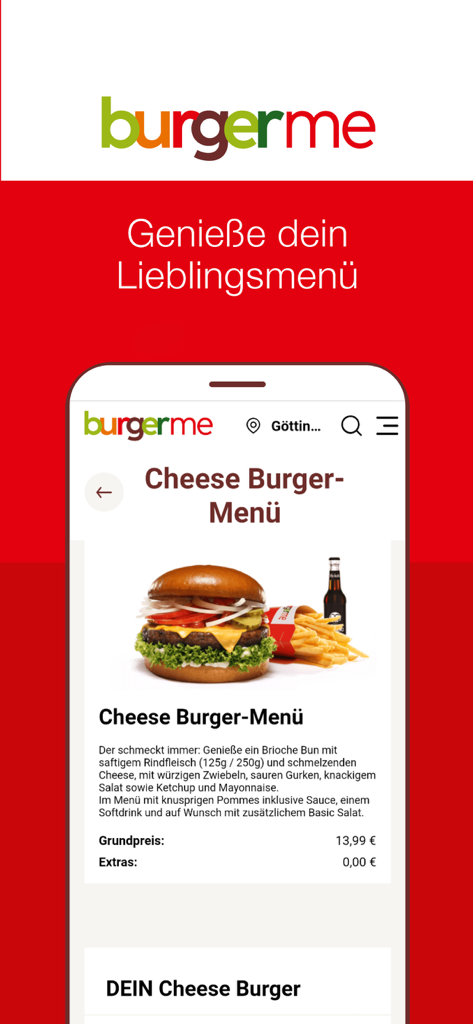 burgerme - Smartphone screen showing the burgerme app cheese burger menu with fries and a drink.