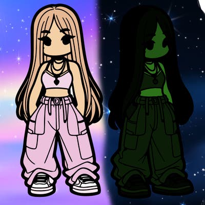 girl in baggy pants crop top and long hair