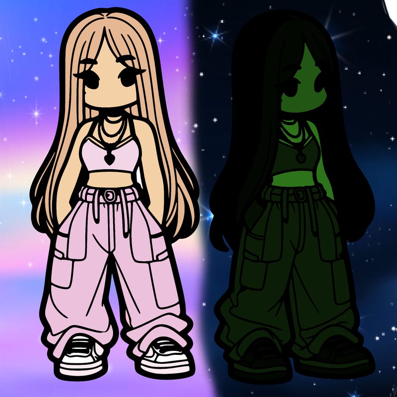 girl in baggy pants crop top and long hair