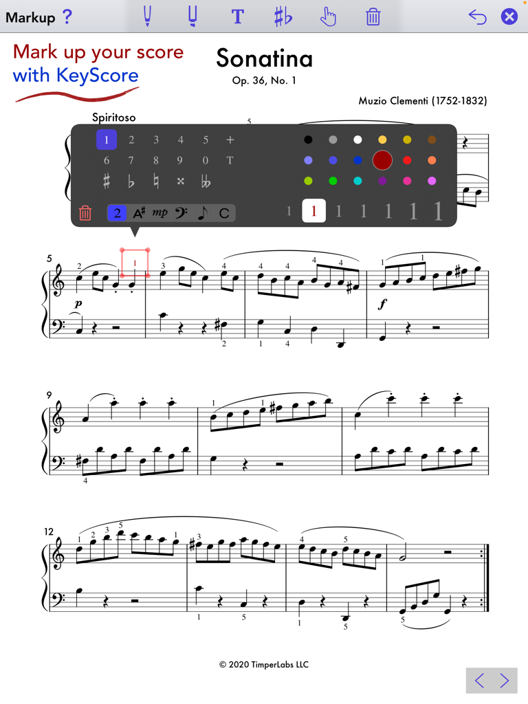 iPad screenshot of KeyScore app showing a sheet music score with a markup menu open for adding fingerings and musical symbols