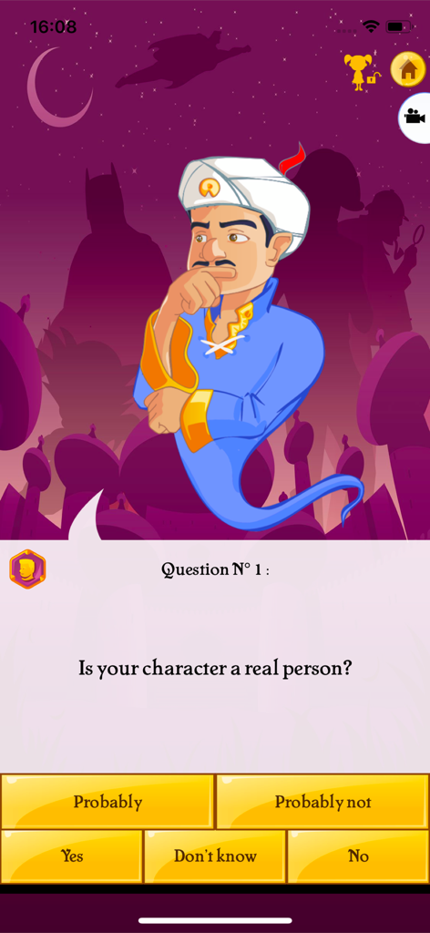 Akinator VIP - Akinator VIP game interface showing the thinking genie asking if the character is a real person