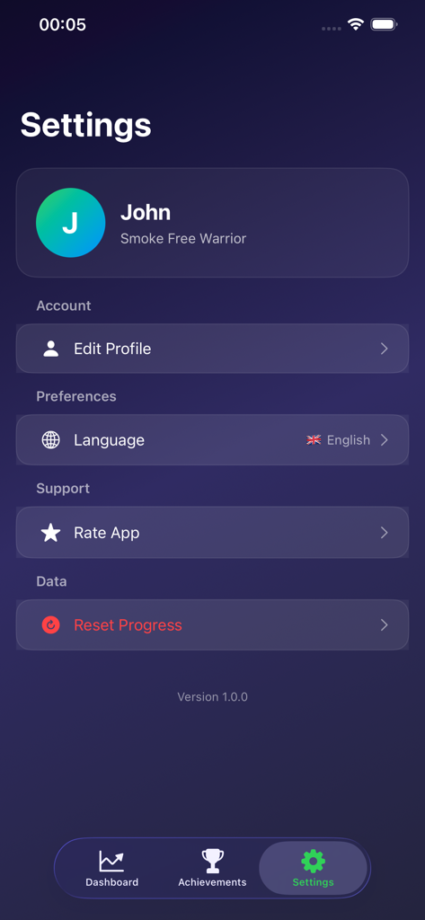 Quit Smoky: Stop Smoking - Settings screen of the Quit Smoky app showing the user profile for John and account preferences in a dark mode interface