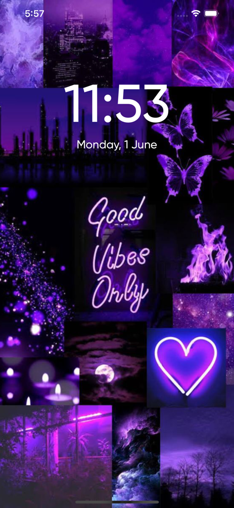 Pantalla de bloqueo de iPhone con un collage estético púrpura con letreros de neón, mariposas y un corazón brillante