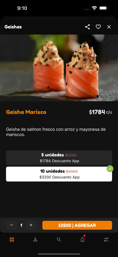 Ishidan - 石段アプリのゲイシャ・マリスコ寿司の製品画面。新鮮なサーモンとシーフードマヨネーズ、アプリ限定割引が特徴です。