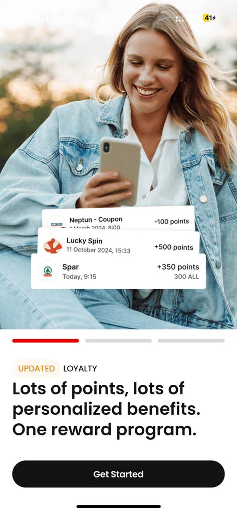 A smiling woman using the Happy Loyalty app showing notification cards for earned points from partner brands like Spar and Neptun