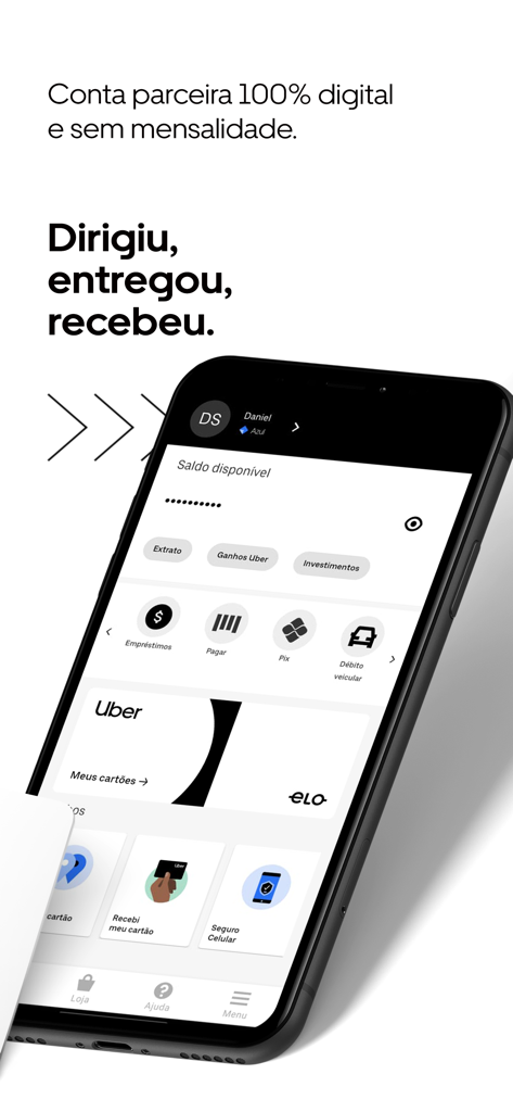 Interfaccia dell'app mobile Uber Conta che mostra il saldo del conto digitale e gli strumenti finanziari per gli autisti