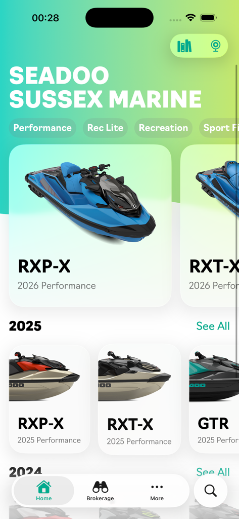Sea-Doo UK - Sea-Doo UK app interface showing a catalog of personal watercraft models including RXP-X and RXT-X