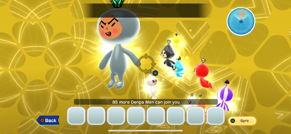 THE NEW DENPA MEN - A group of colorful Denpa Men characters floating in a recruitment interface with a yellow background