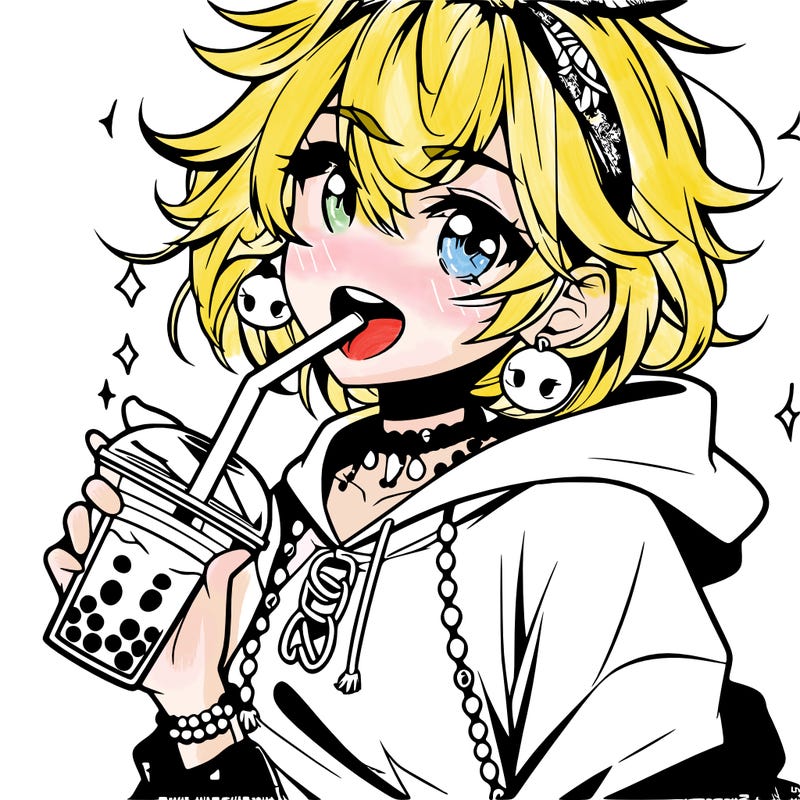 hot baddie anime girl drinking boba and biting the straw