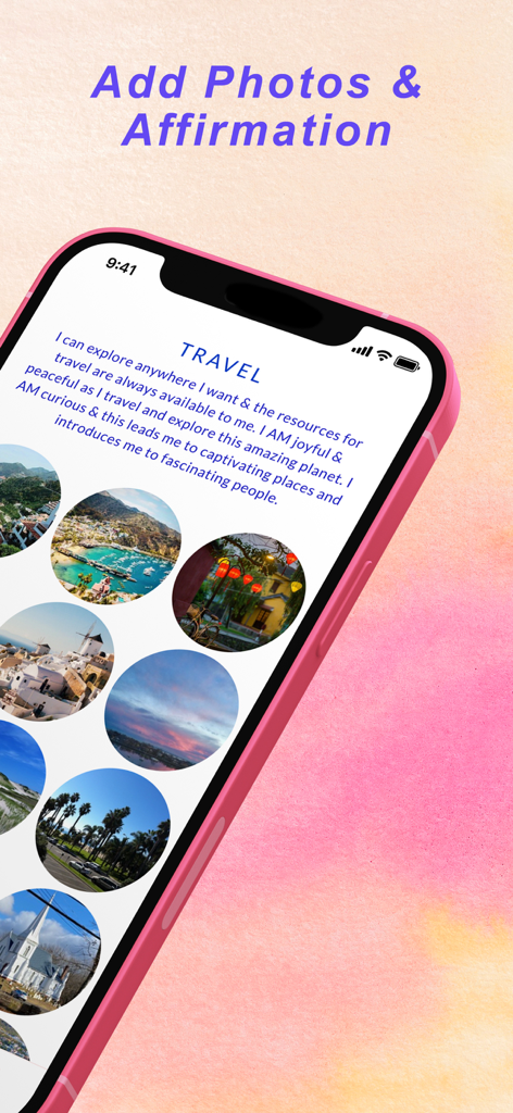 Vision Board Manifestation - Pantalla de la aplicación Manifestación con Tablero de Visión con afirmaciones de viajes y fotos.