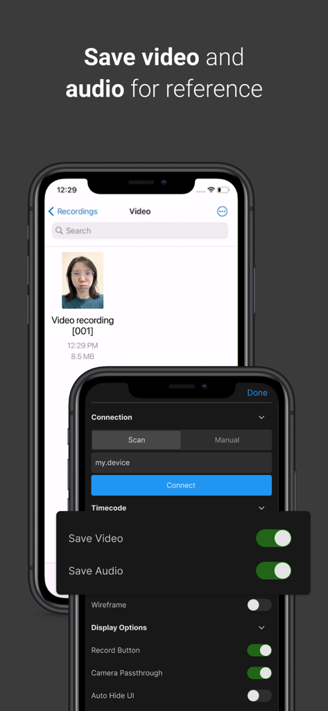 Unity Face Capture - Unity Face Capture app showing video and audio recording settings for reference