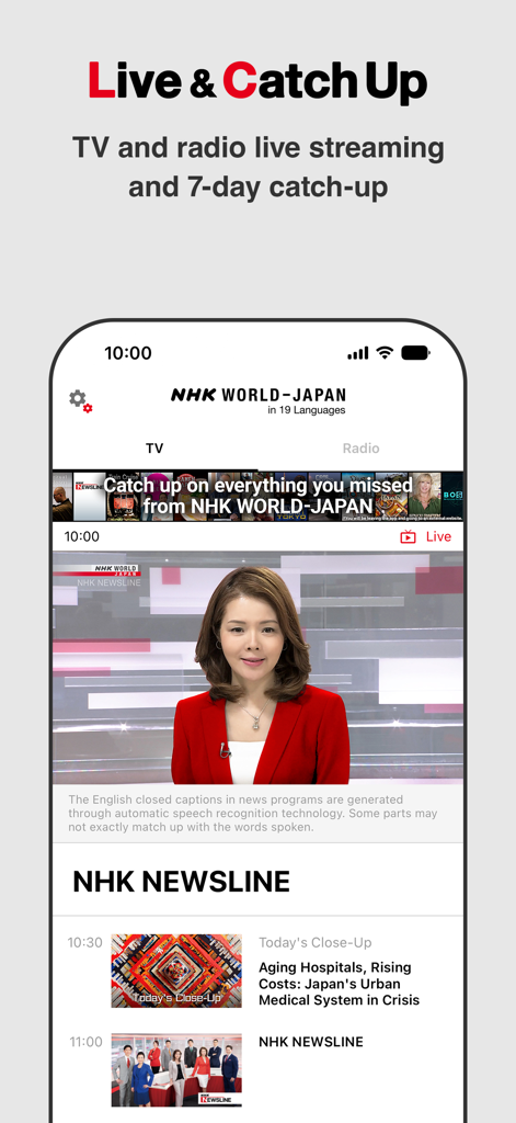 NHK WORLD-JAPAN - Teléfono inteligente mostrando la aplicación NHK WORLD-JAPAN con transmisión de noticias en vivo y funciones de puesta al día