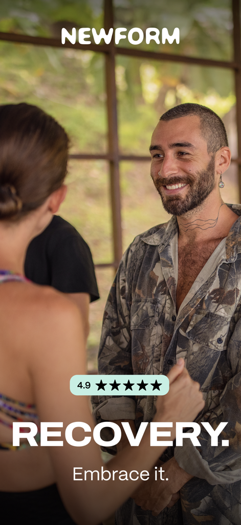 NewForm: Recovery & Wellbeing - A smiling man representing a positive recovery journey on the NewForm app screen