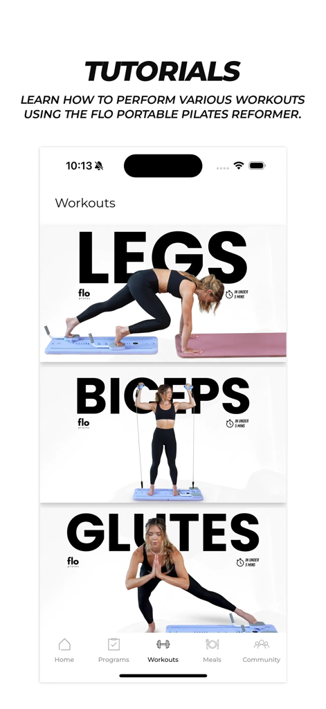 Flo Pilates - Flo Pilatesアプリの画面、ポータブルリフォーマーを使用した脚、上腕二頭筋、臀部のワークアウトのチュートリアルビデオを表示