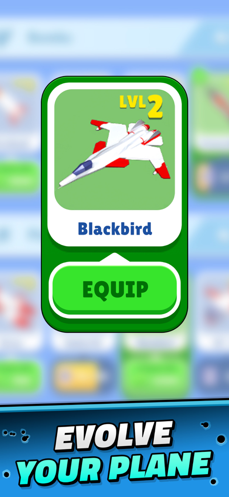 Evolving Bombs! - Un avión Blackbird blanco y rojo de nivel dos con un botón de equipar y el texto 'evoluciona tu avión'