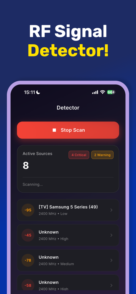 RF Signal Detector - RF信号検出器アプリのインターフェースのスクリーンショット。ライブスキャン中に、検出されたアクティブな信号ソースのリストとdBm測定値、周波数帯が表示されています。