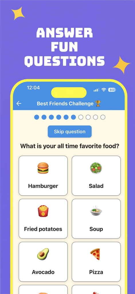 Vivatok - Interface of the Vivatok app showing a Best Friends Challenge quiz question about favorite food with emoji options.