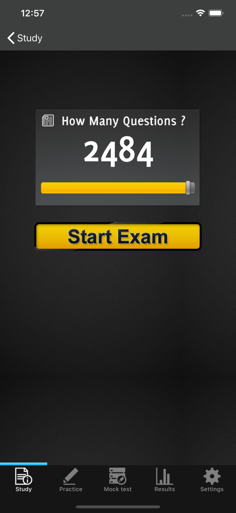 Interface d'étude de l'application Examen de la maintenance aéronautique montrant le bouton de démarrage de l'examen et le nombre de questions