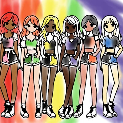 a group of girls wearing crop tops and shorts