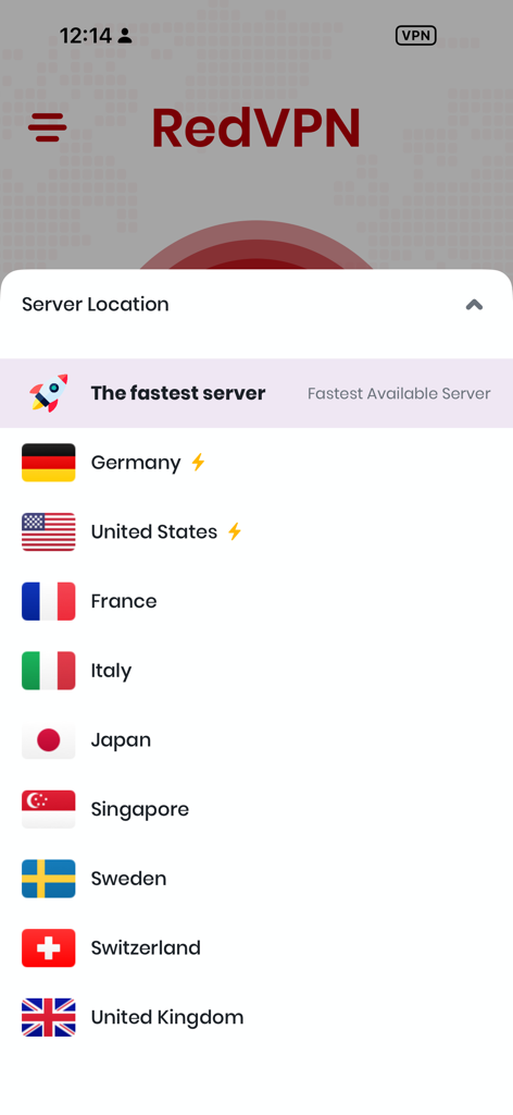 RedVPN: Fast Unlimited VPN - Interfaz de la aplicación RedVPN mostrando una lista de ubicaciones de servidores globales y la opción de servidor más rápido.