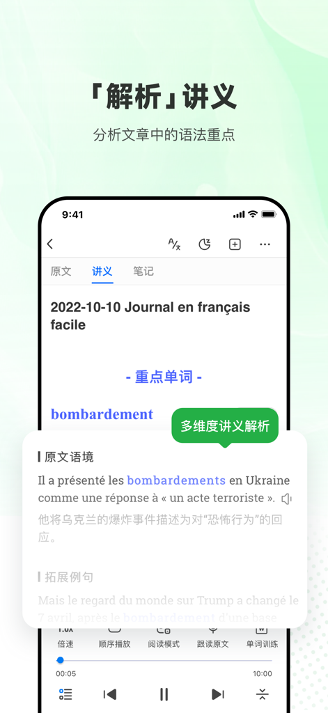 每日法语听力 - Screenshot of the Daily French Listening app showing a French text analysis with Chinese explanations and vocabulary help
