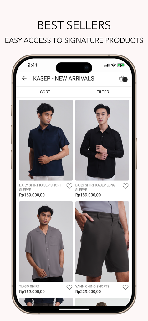 Geulis mobile app screen showing the new arrivals collection for men featuring shirts and shorts
