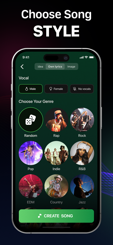 Beatz: AI Song・Cover Generator - Interface of Beatz AI app for choosing music genres and vocal types to create a song