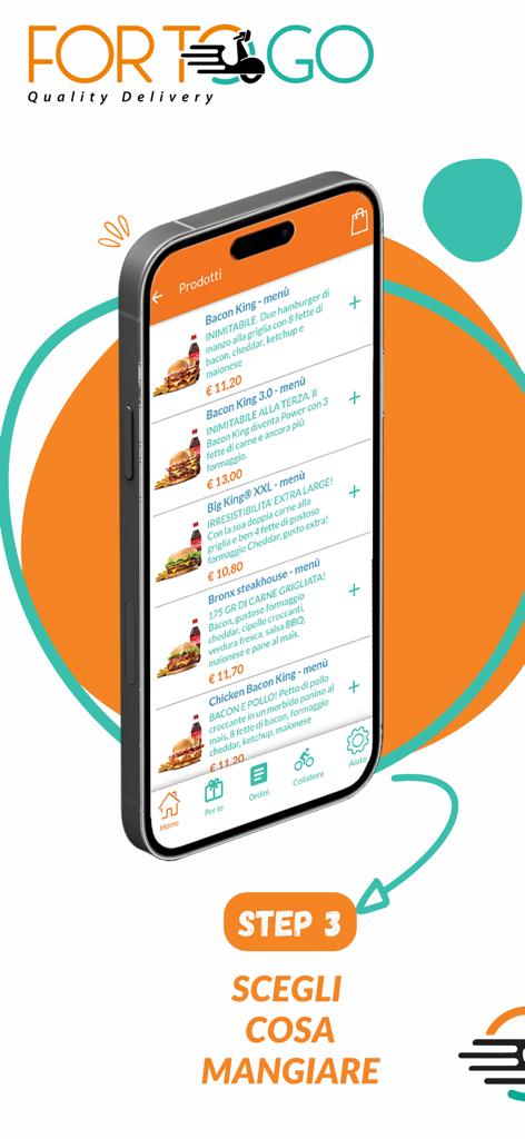 ForToGo mobile app interface showing a food delivery menu with various burger options