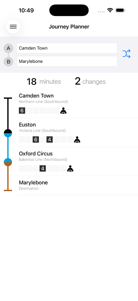 Journey planner showing route details and carriage exits for the London Underground.