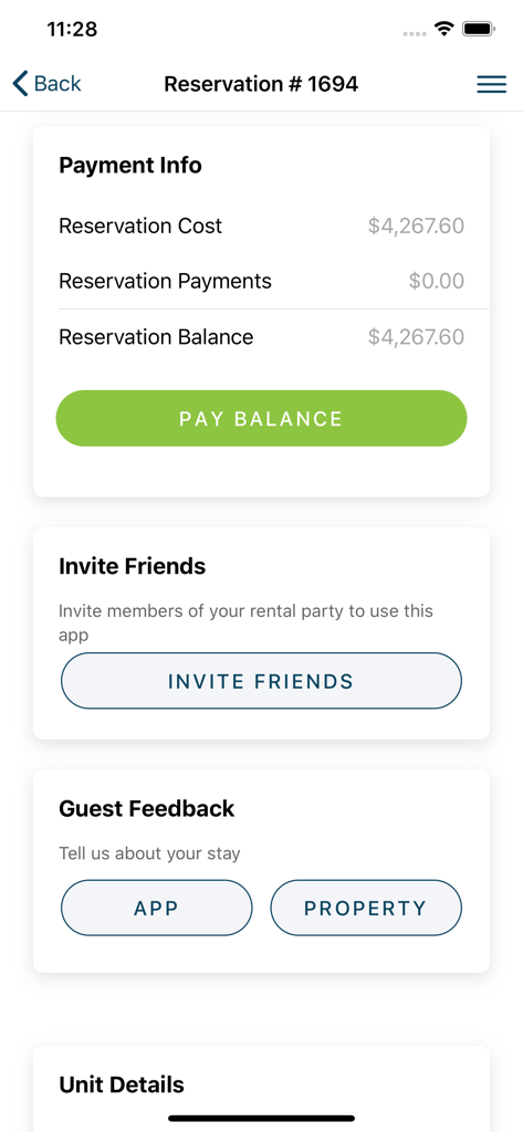 Happy Stays X - Happy Stays X app screen showing reservation payment info invite friends and guest feedback options